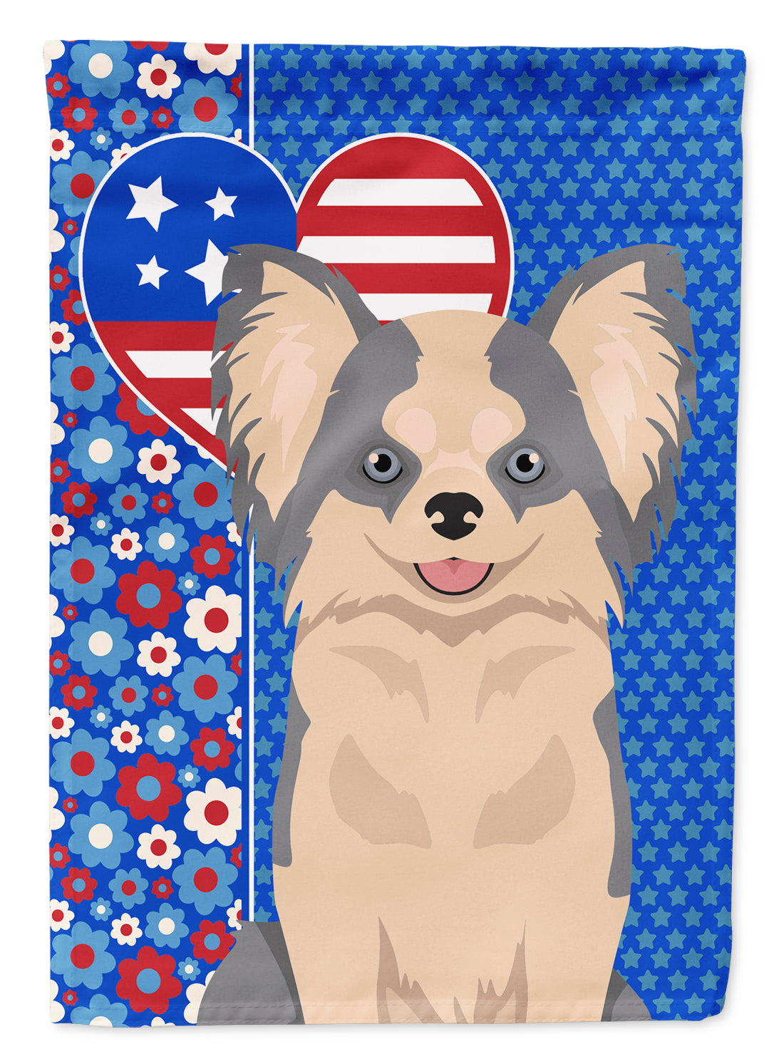 Longhaired Blue and White Chihuahua USA American Flag Garden Size  the-store.com.