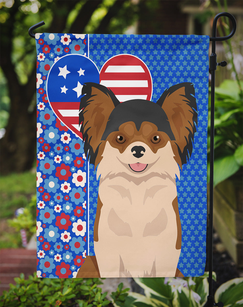 Longhaired Black and Red Chihuahua USA American Flag Garden Size  the-store.com.