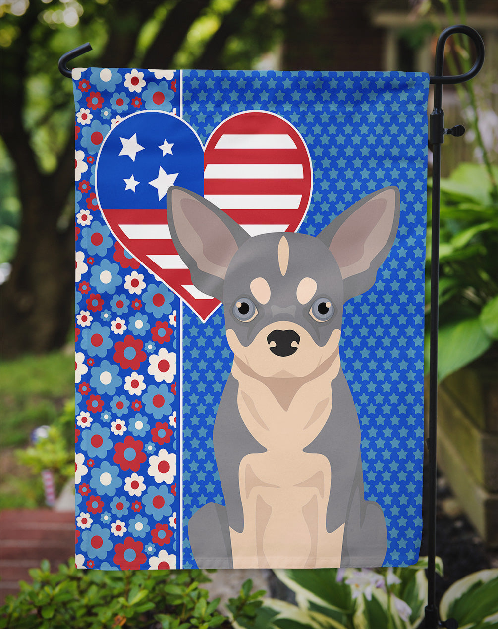 Blue and White Chihuahua USA American Flag Garden Size  the-store.com.