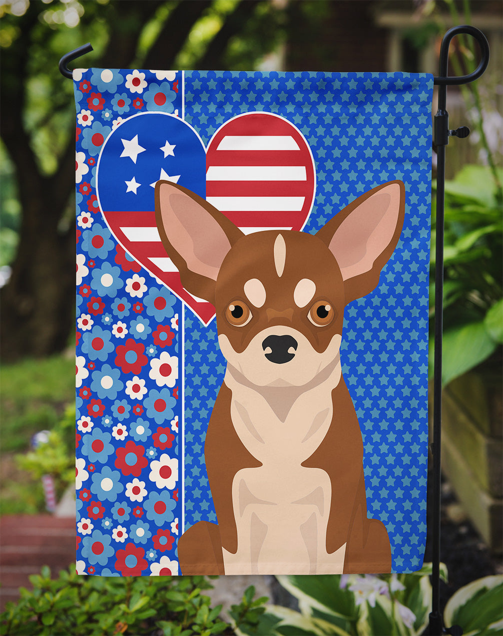 Red and White Chihuahua USA American Flag Garden Size  the-store.com.