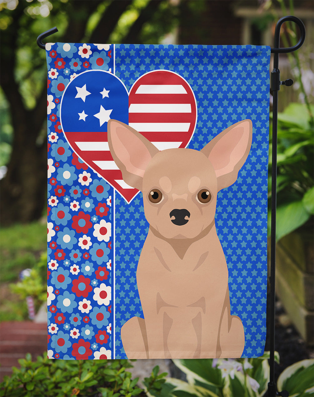 Cream Chihuahua USA American Flag Garden Size  the-store.com.