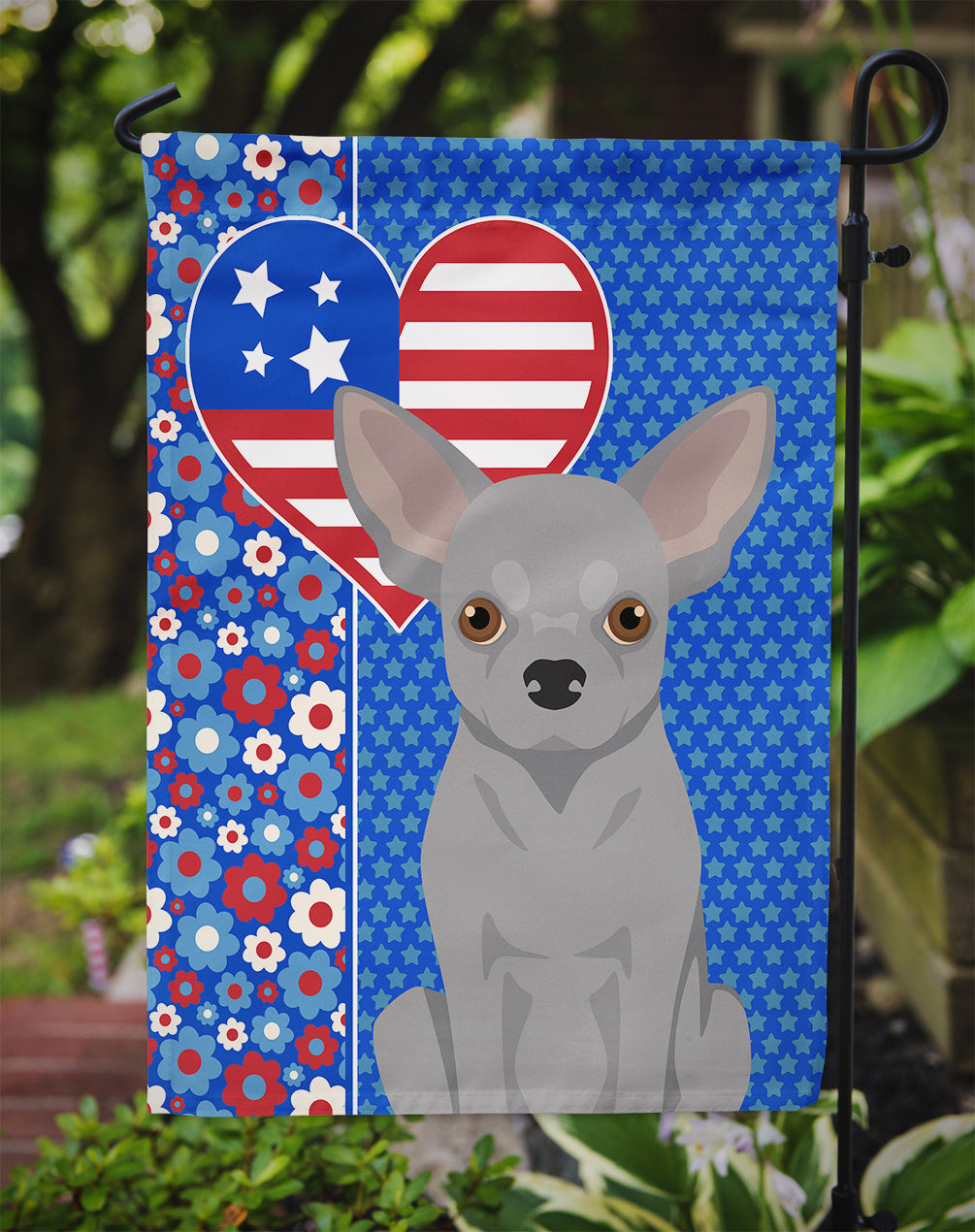 Silver Chihuahua USA American Flag Garden Size  the-store.com.