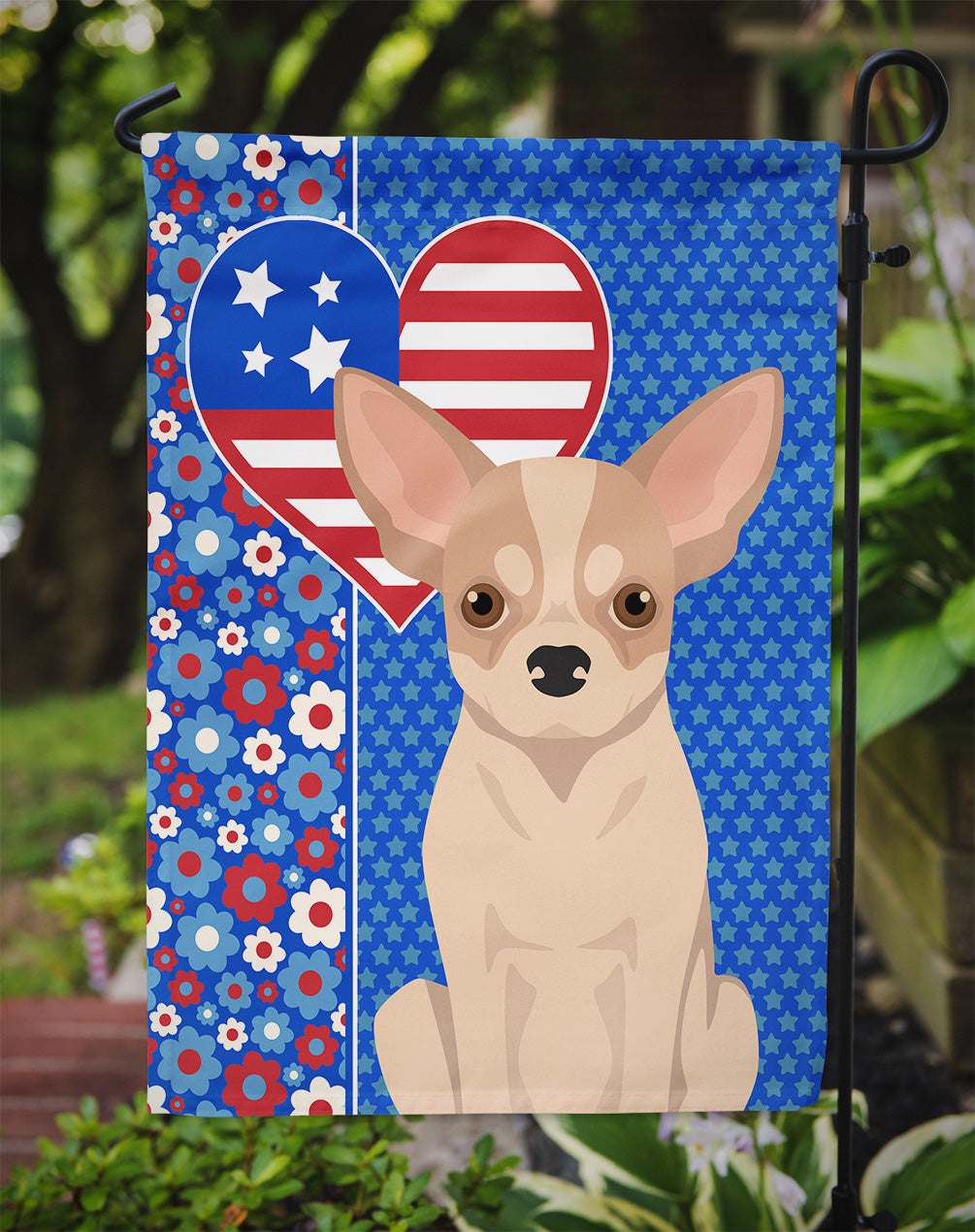 Fawn and White Chihuahua USA American Flag Garden Size  the-store.com.