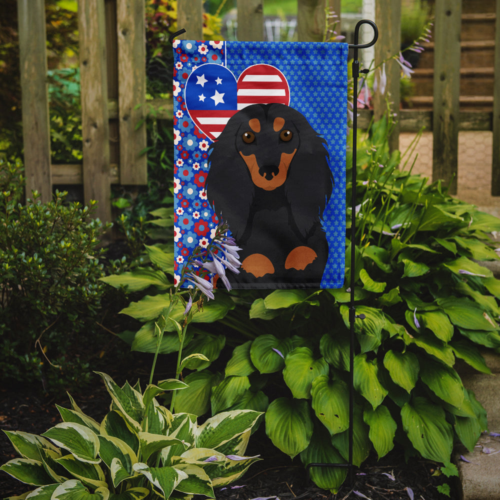 Longhair Black and Tan Dachshund USA American Flag Garden Size  the-store.com.