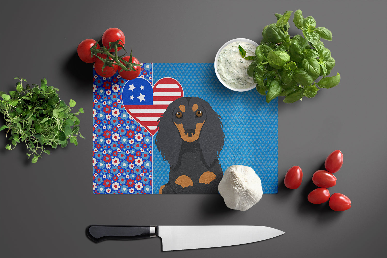 Longhair Black and Tan Dachshund USA American Glass Cutting Board Large - the-store.com