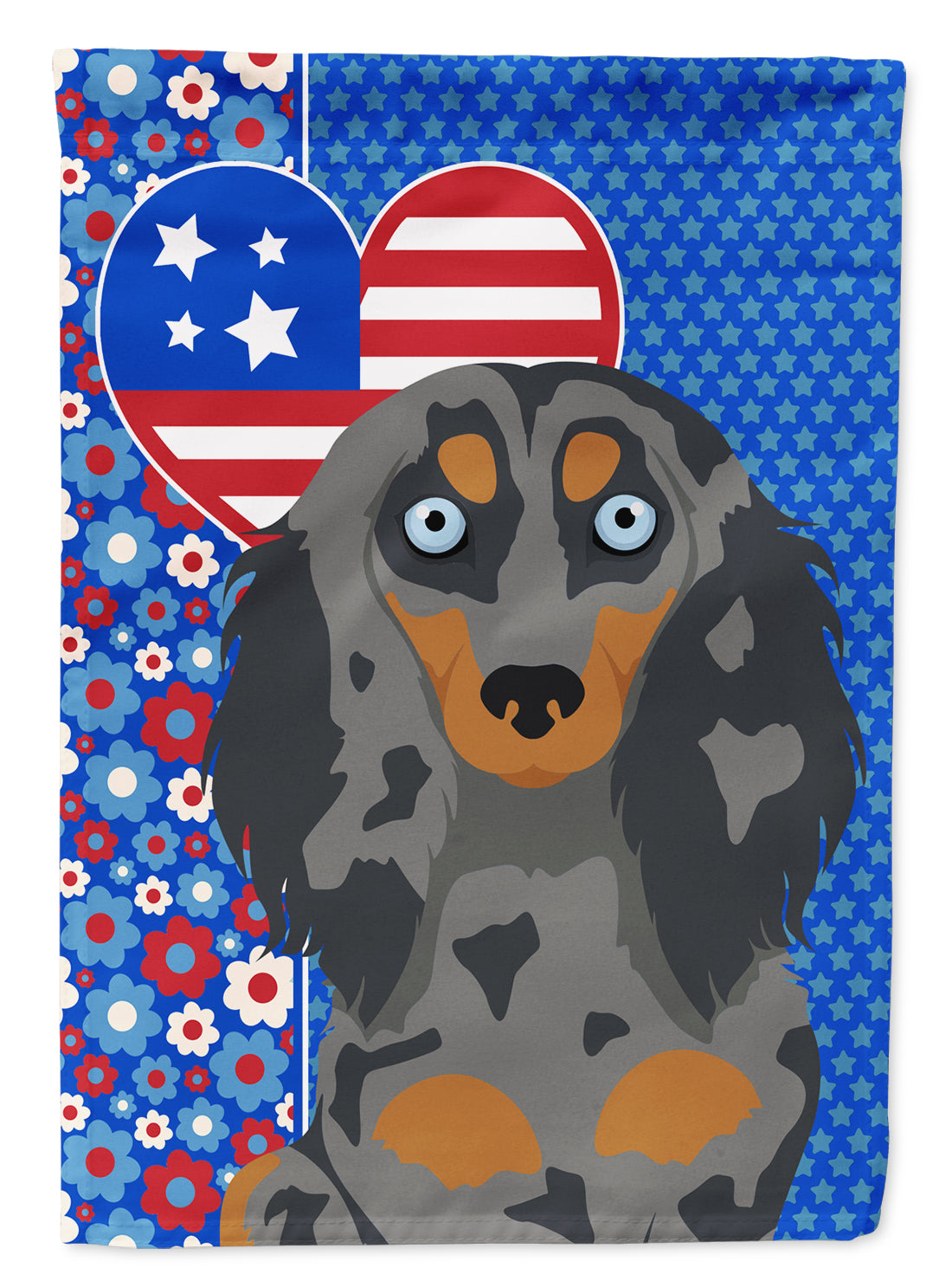 Longhair Blue and Tan Dapple Dachshund USA American Flag Garden Size  the-store.com.