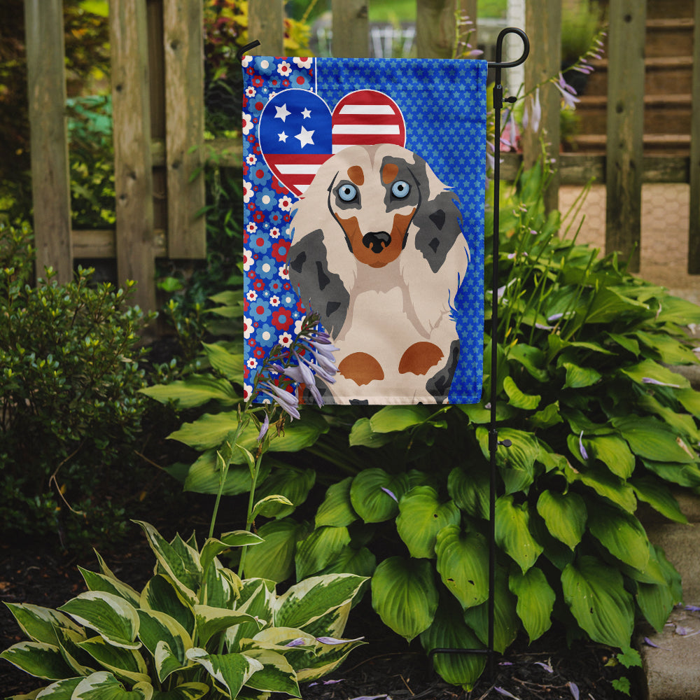 Longhair Cream Dapple Dachshund USA American Flag Garden Size  the-store.com.