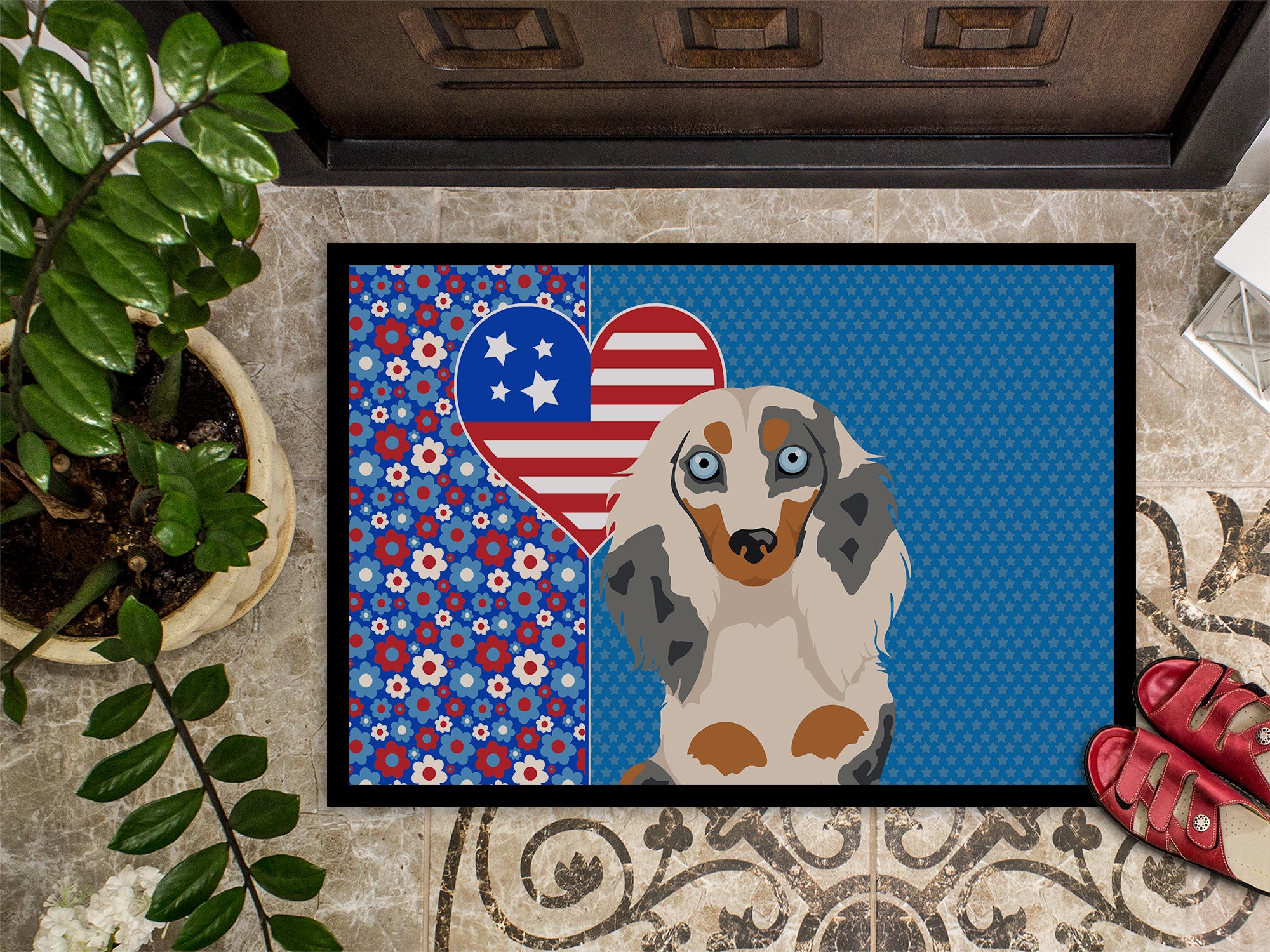 Longhair Cream Dapple Dachshund USA American Indoor or Outdoor Mat 24x36 - the-store.com