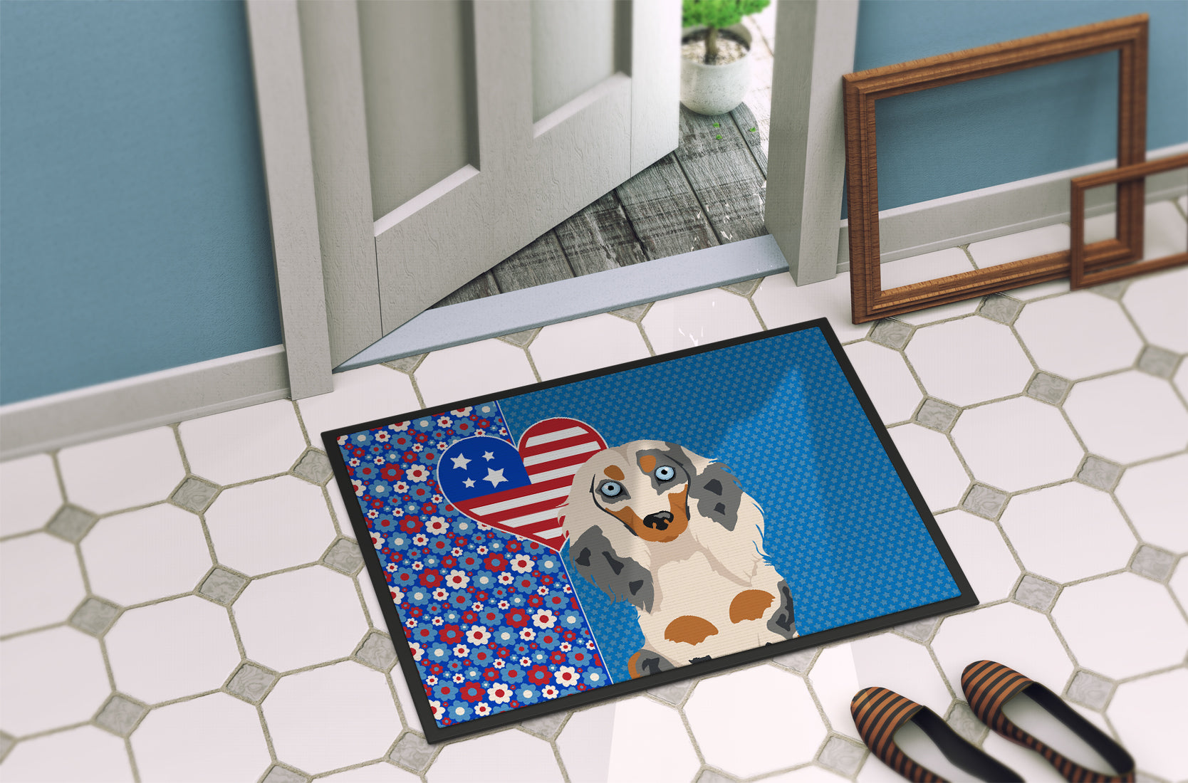 Longhair Cream Dapple Dachshund USA American Indoor or Outdoor Mat 24x36 - the-store.com