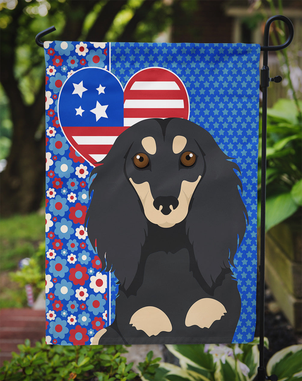 Longhair Black and Cream Dachshund USA American Flag Garden Size  the-store.com.