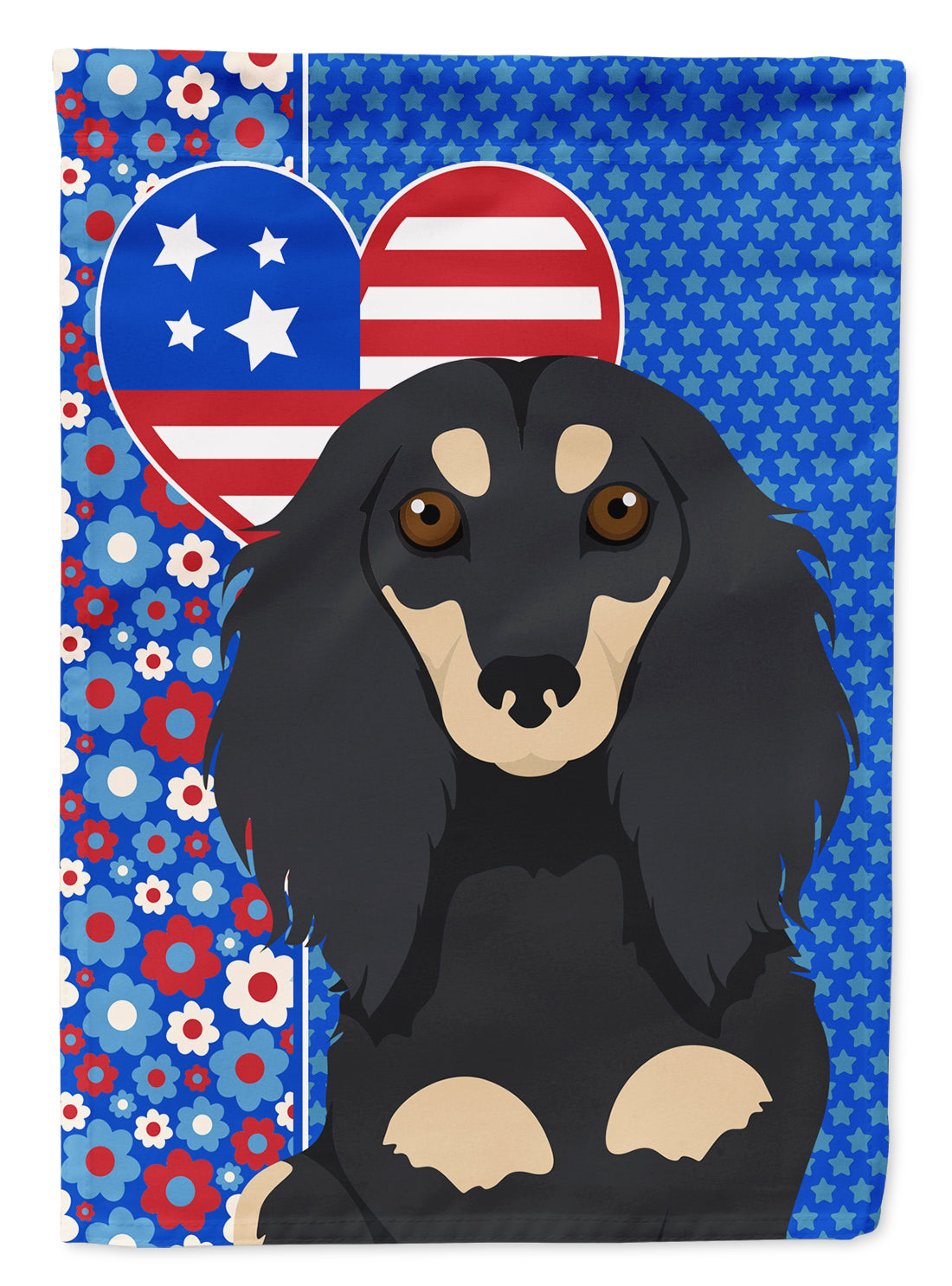 Longhair Black and Cream Dachshund USA American Flag Garden Size  the-store.com.