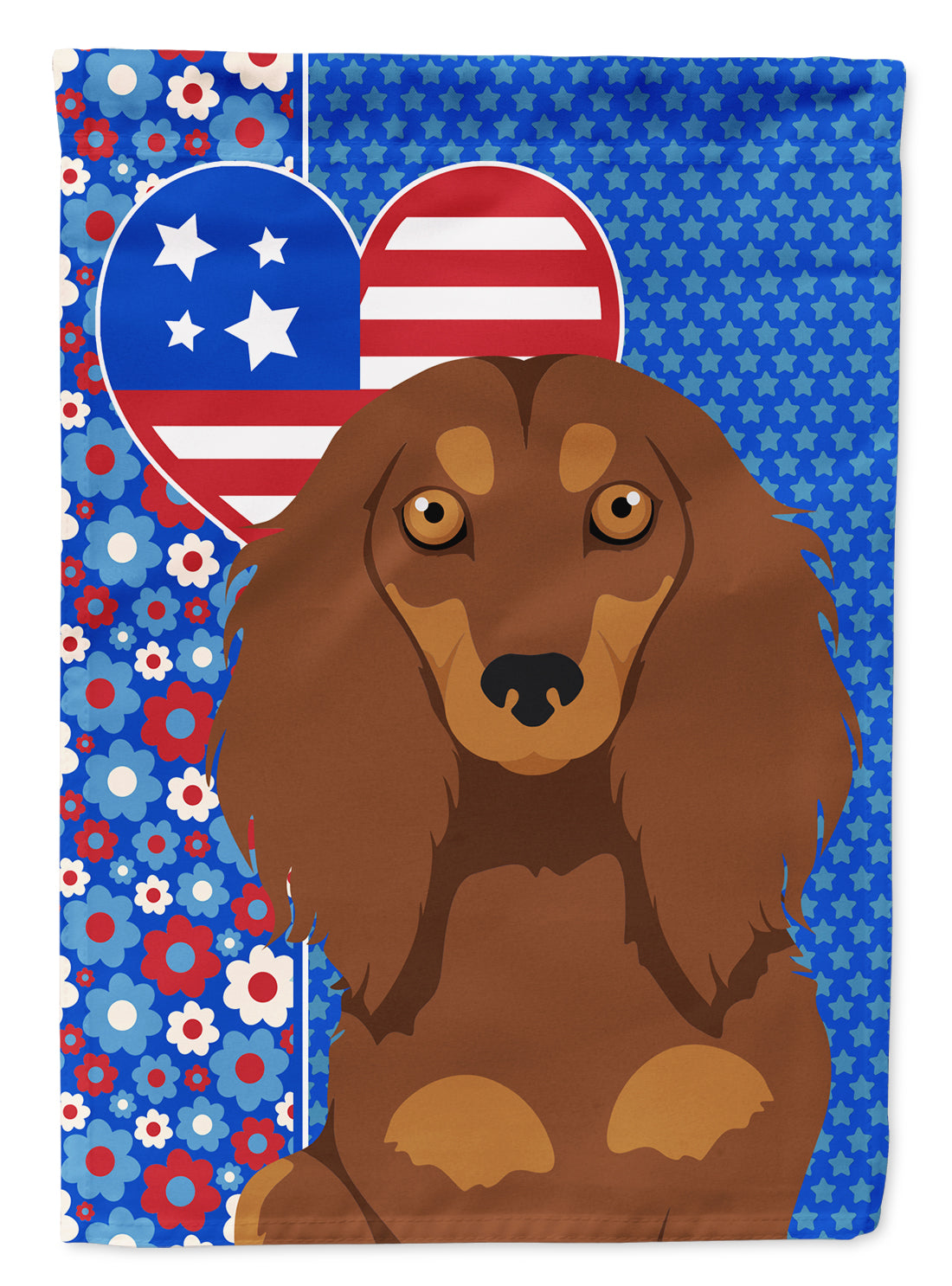 Longhair Chocolate and Tan Dachshund USA American Flag Garden Size  the-store.com.