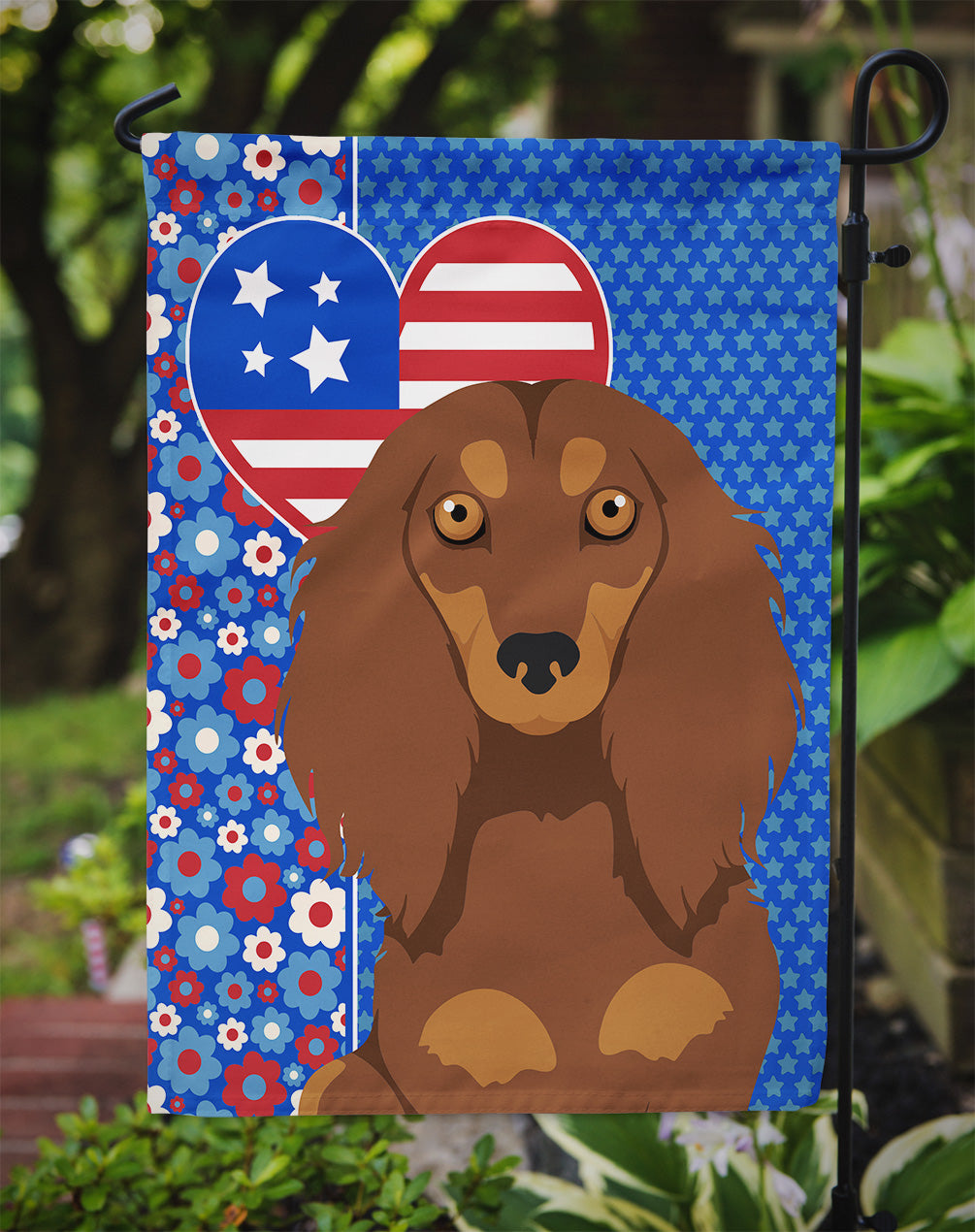 Longhair Chocolate and Tan Dachshund USA American Flag Garden Size  the-store.com.