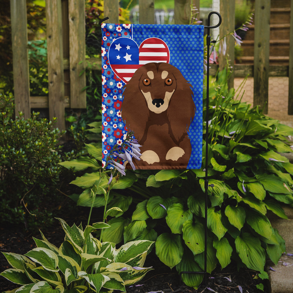 Longhair Chocolate and Cream Dachshund USA American Flag Garden Size  the-store.com.