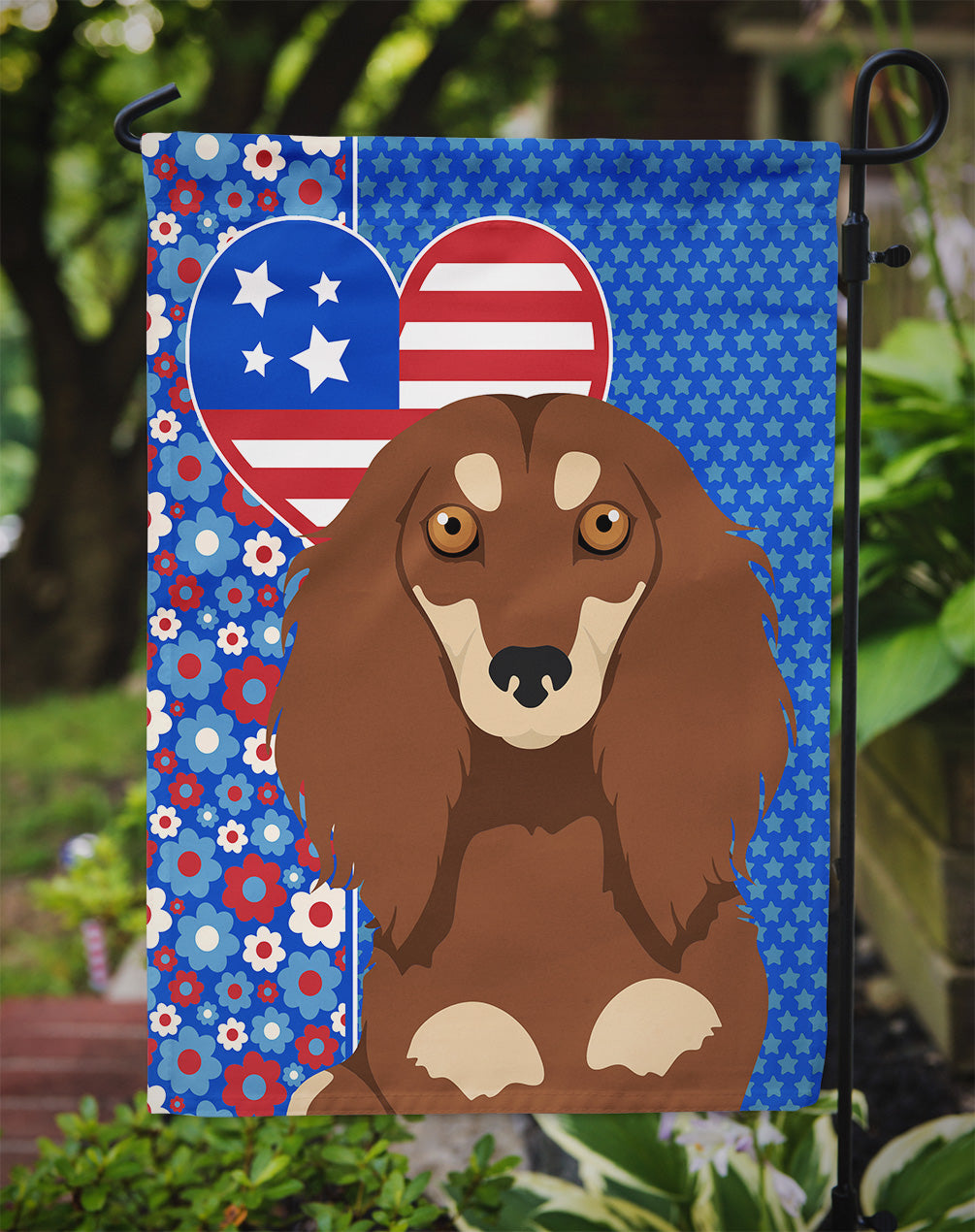 Longhair Chocolate and Cream Dachshund USA American Flag Garden Size  the-store.com.