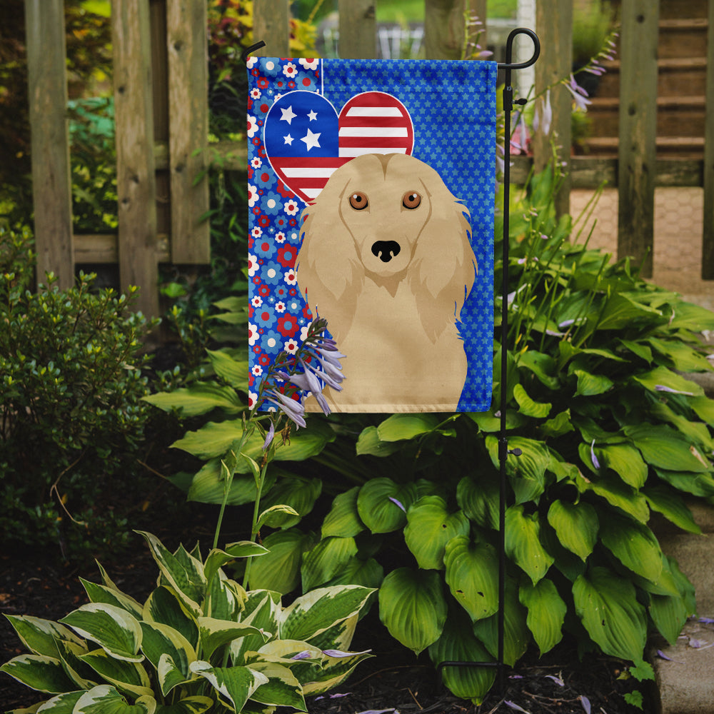 Longhair Cream Dachshund USA American Flag Garden Size  the-store.com.