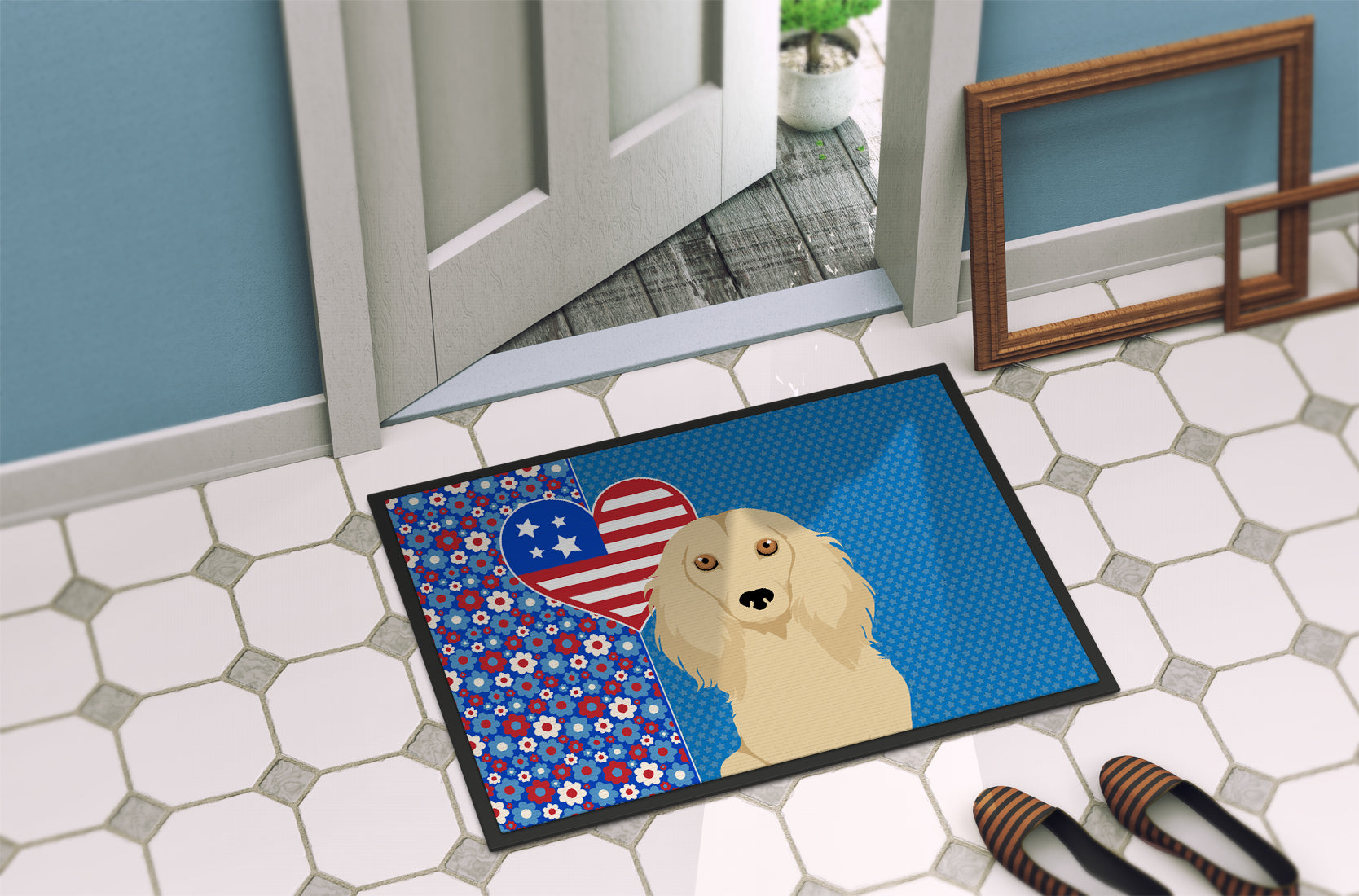 Longhair Cream Dachshund USA American Indoor or Outdoor Mat 24x36 - the-store.com