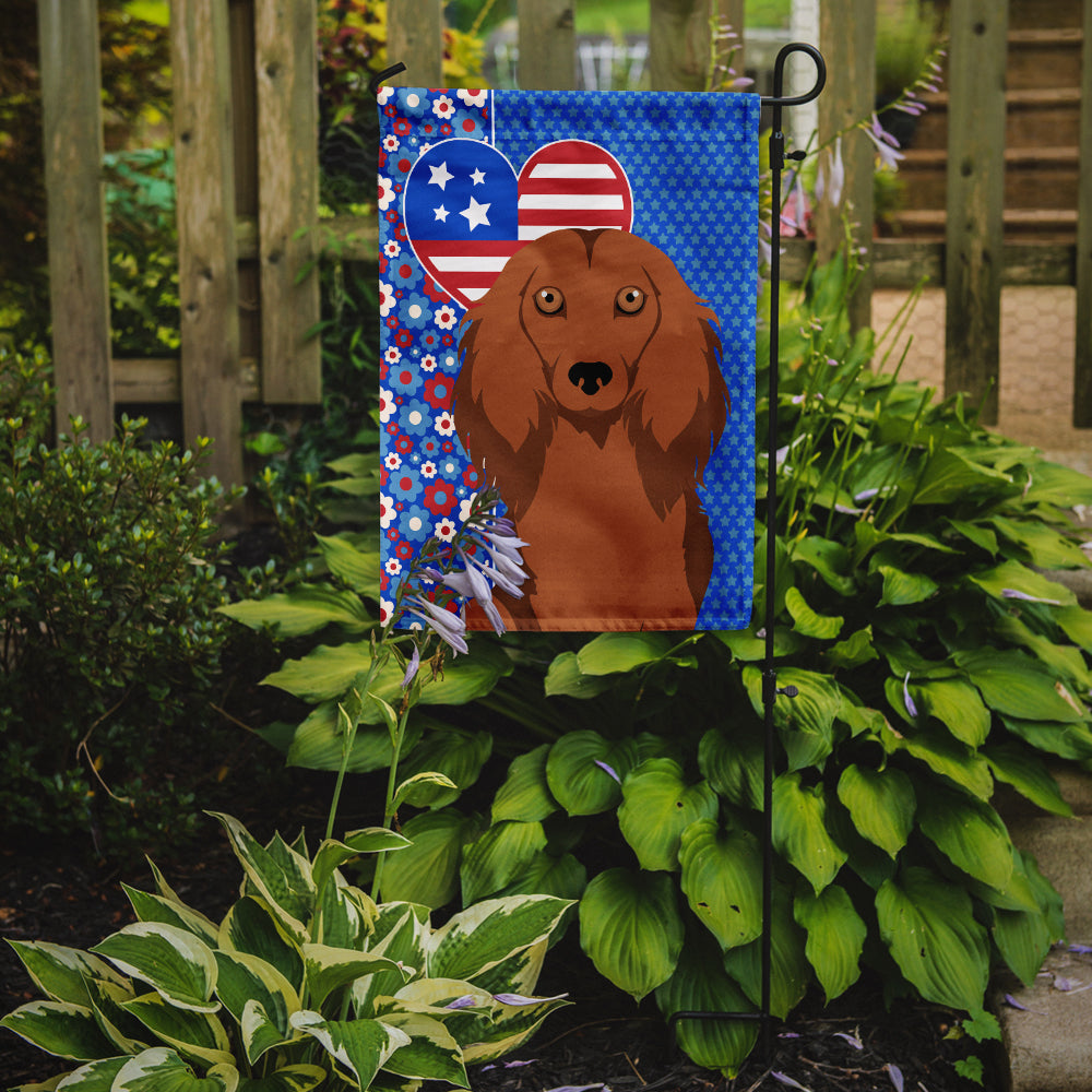 Longhair Red Dachshund USA American Flag Garden Size  the-store.com.