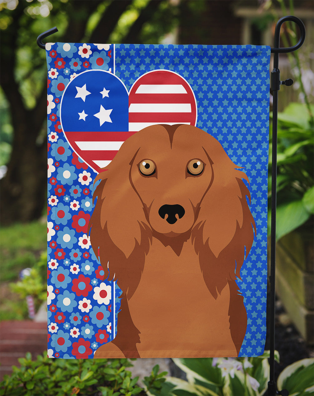 Longhair Red Dachshund USA American Flag Garden Size  the-store.com.