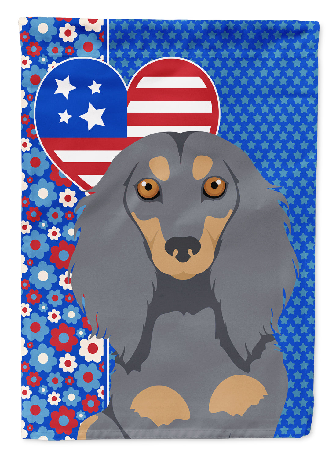 Longhair Blue and Tan Dachshund USA American Flag Garden Size  the-store.com.