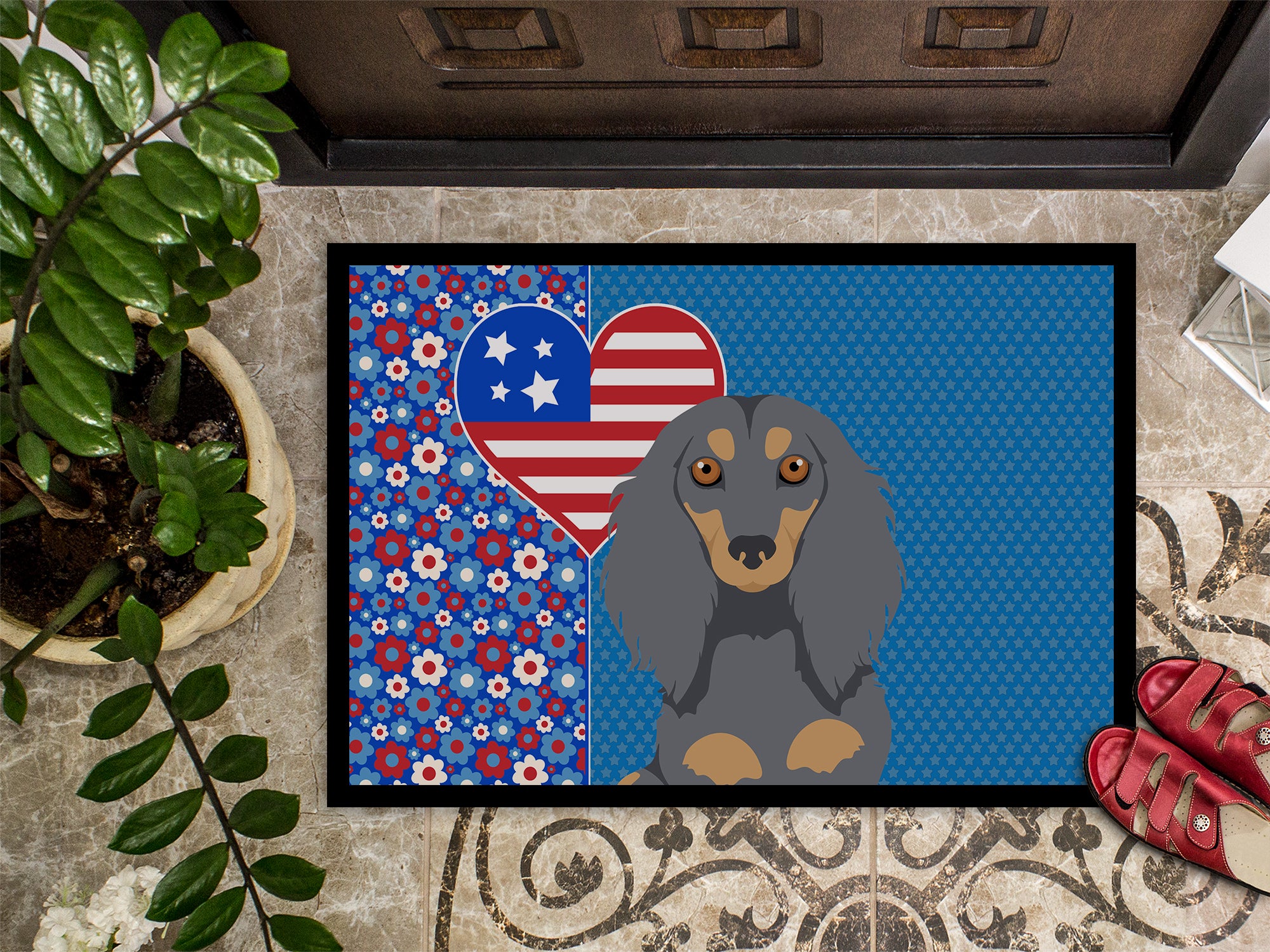 Longhair Blue and Tan Dachshund USA American Indoor or Outdoor Mat 24x36 - the-store.com