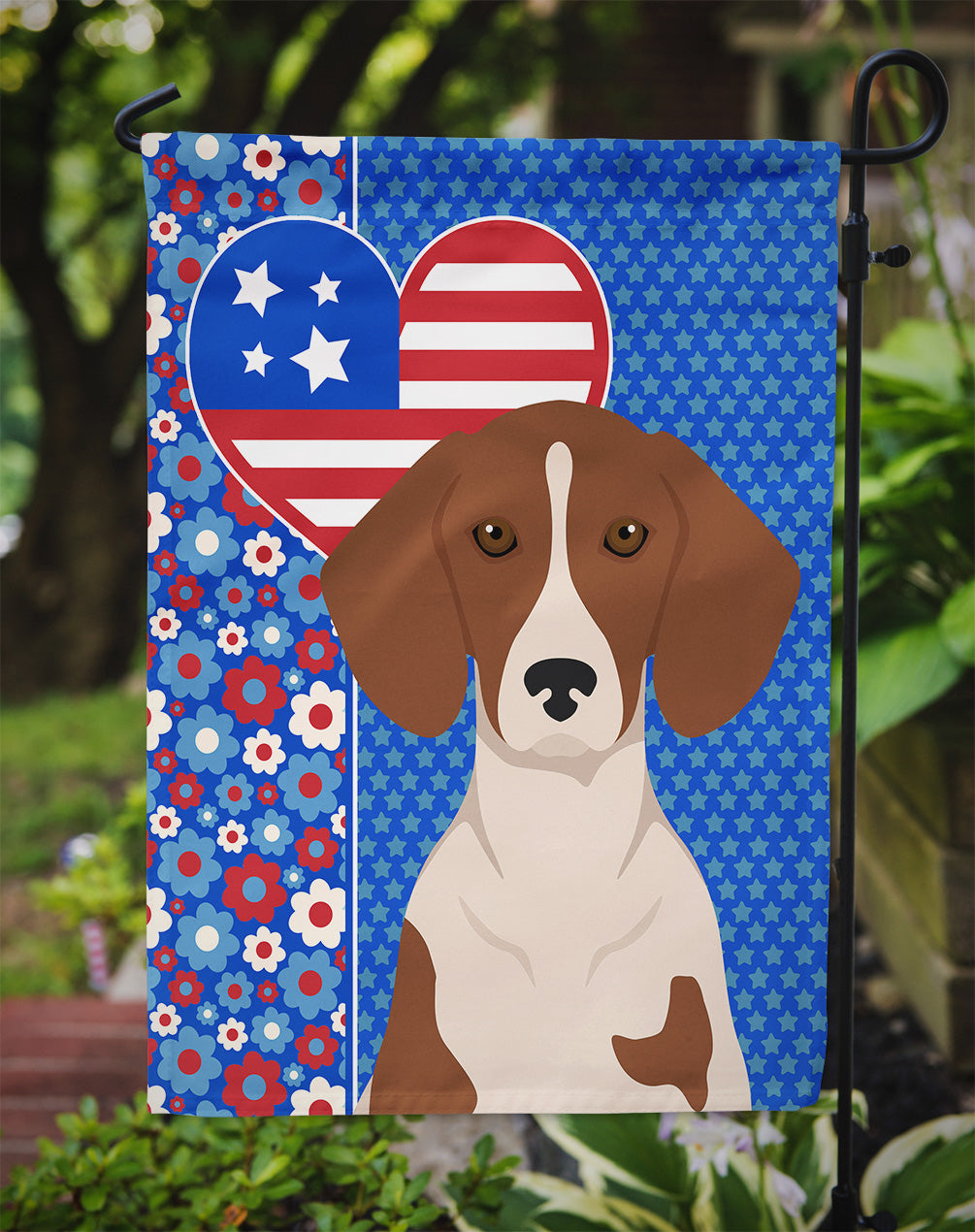 Red Piebald Dachshund USA American Flag Garden Size  the-store.com.