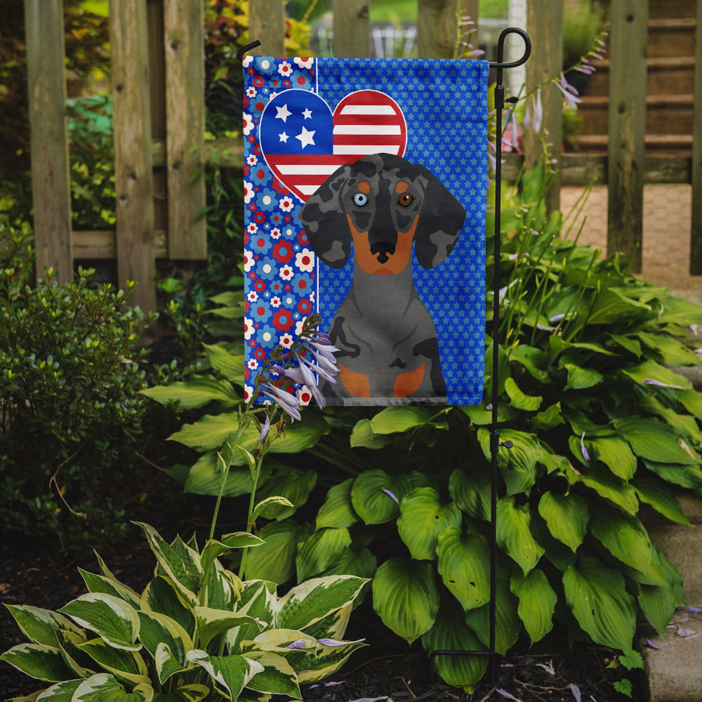 Black Dapple Dachshund USA American Flag Garden Size  the-store.com.