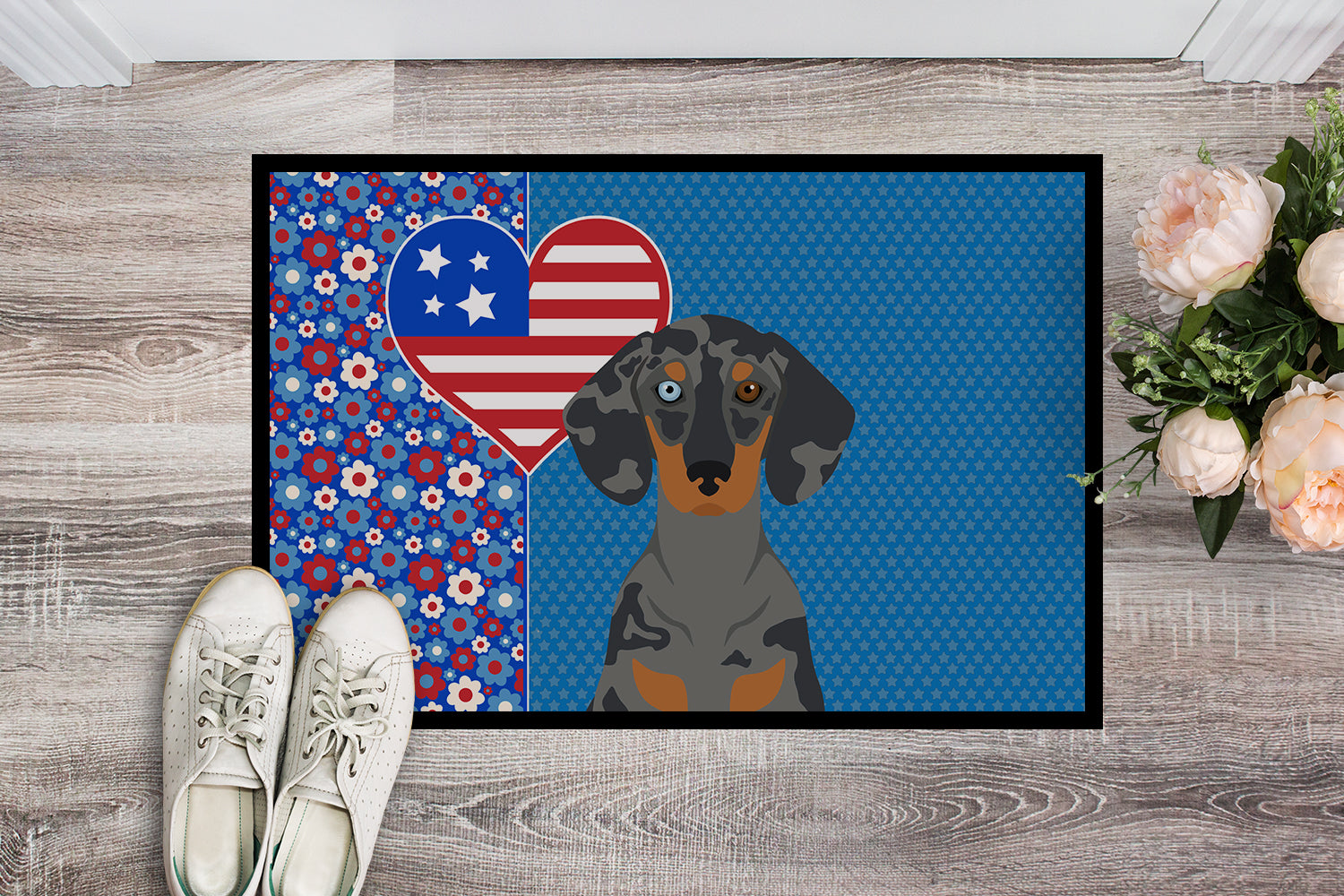 Black Dapple Dachshund USA American Indoor or Outdoor Mat 24x36 - the-store.com