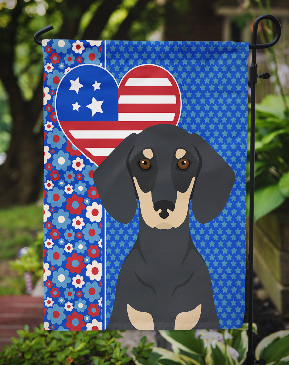 Black and Cream Dachshund USA American Flag Garden Size  the-store.com.