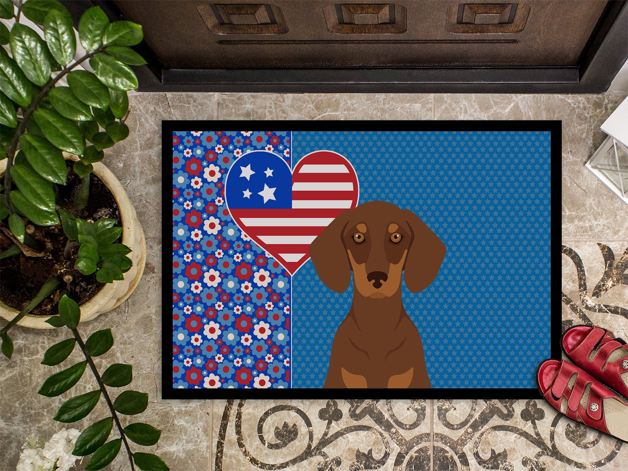 Chocolate and Tan Dachshund USA American Indoor or Outdoor Mat 24x36 - the-store.com