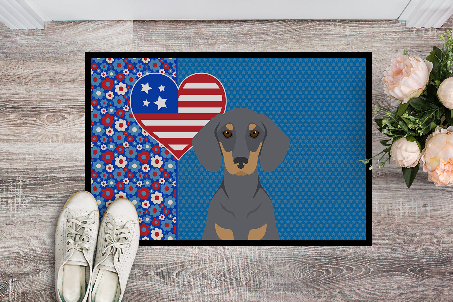 Buy this Blue and Tan Dachshund USA American Indoor or Outdoor Mat 24x36