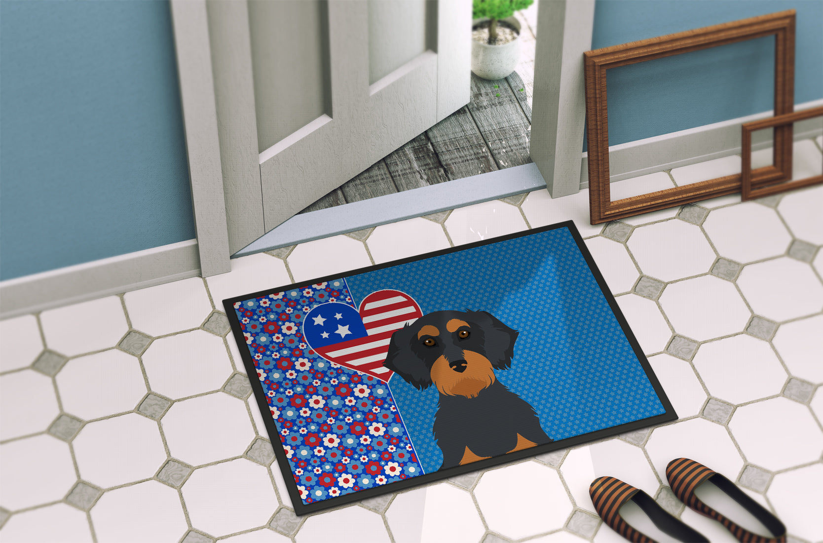 Wirehair Black and Tan Dachshund USA American Indoor or Outdoor Mat 24x36 - the-store.com