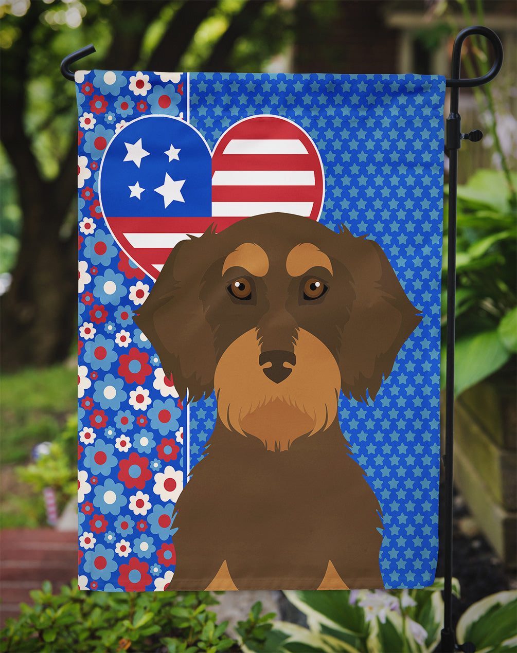 Wirehair Chocolate and Tan Dachshund USA American Flag Garden Size  the-store.com.