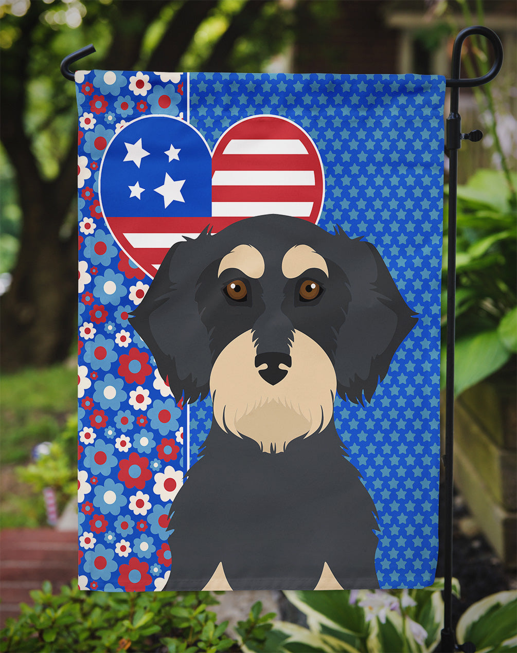 Wirehair Black and Cream Dachshund USA American Flag Garden Size  the-store.com.