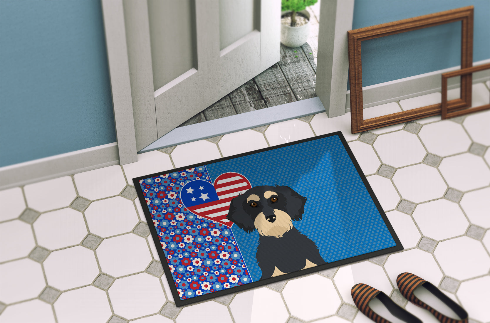 Wirehair Black and Cream Dachshund USA American Indoor or Outdoor Mat 24x36 - the-store.com