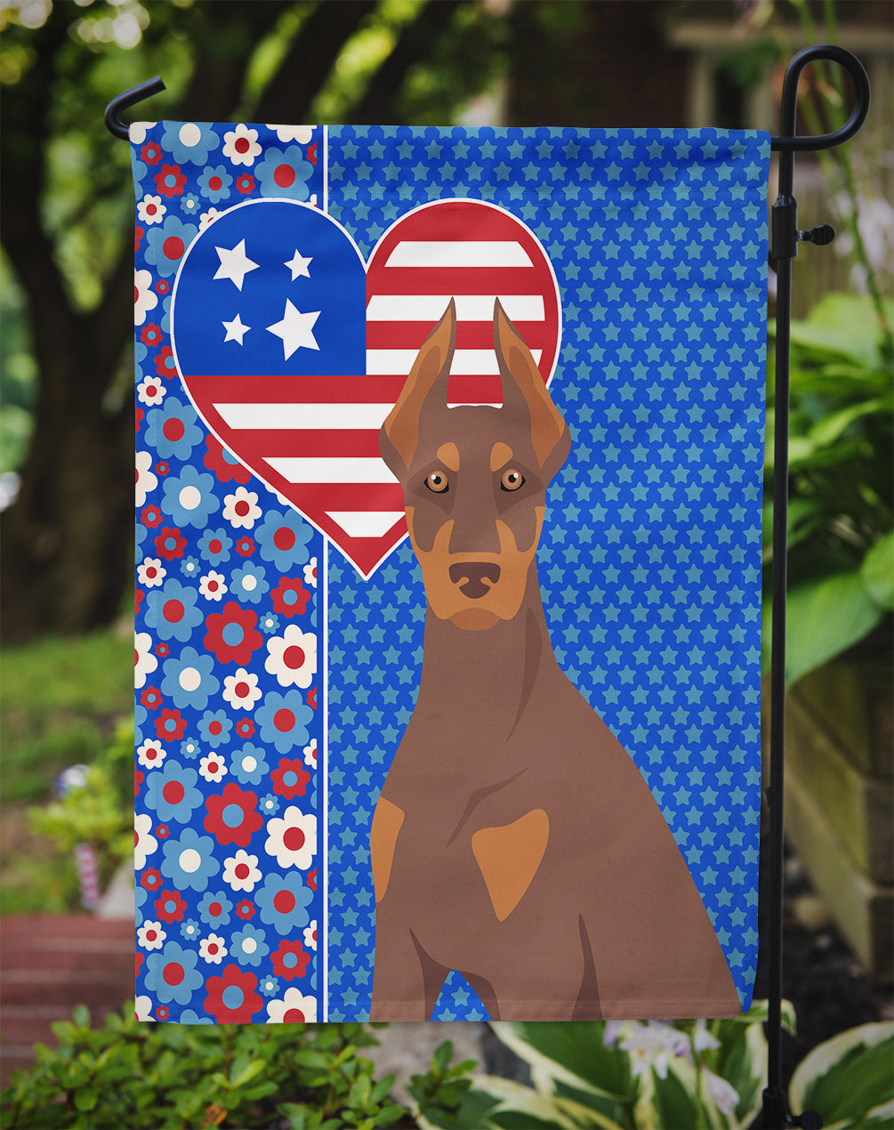 Red and Tan Doberman Pinscher USA American Flag Garden Size  the-store.com.