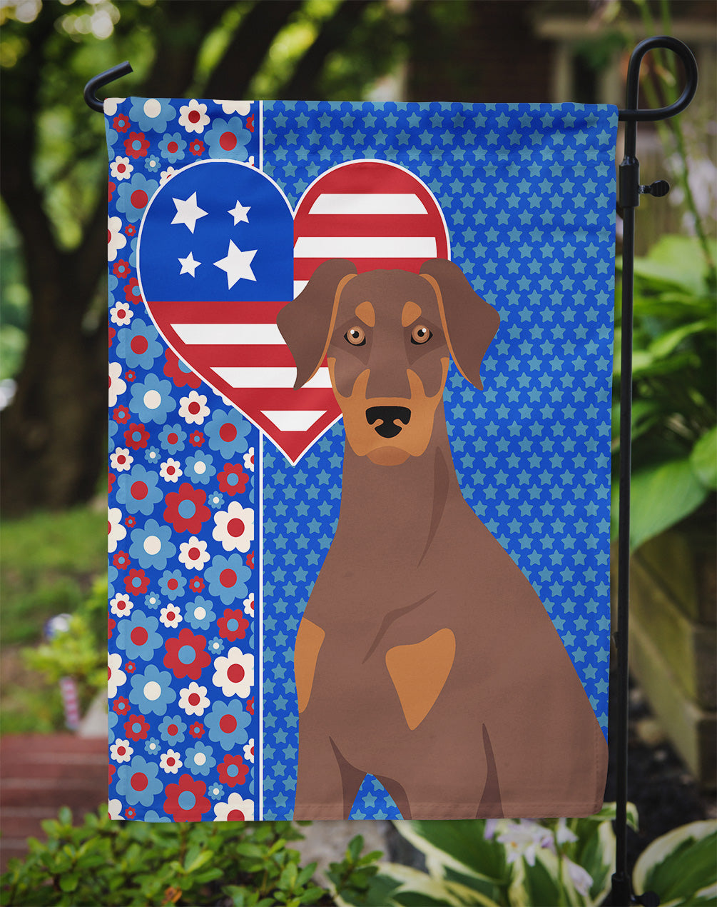 Natural Ear Red and Tan Doberman Pinscher USA American Flag Garden Size  the-store.com.