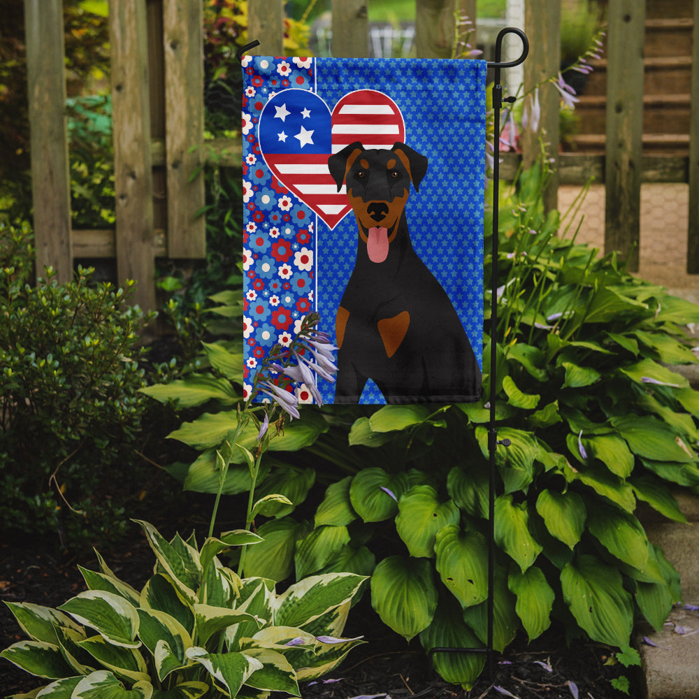 Natural Ear Black and Tan Doberman Pinscher USA American Flag Garden Size  the-store.com.