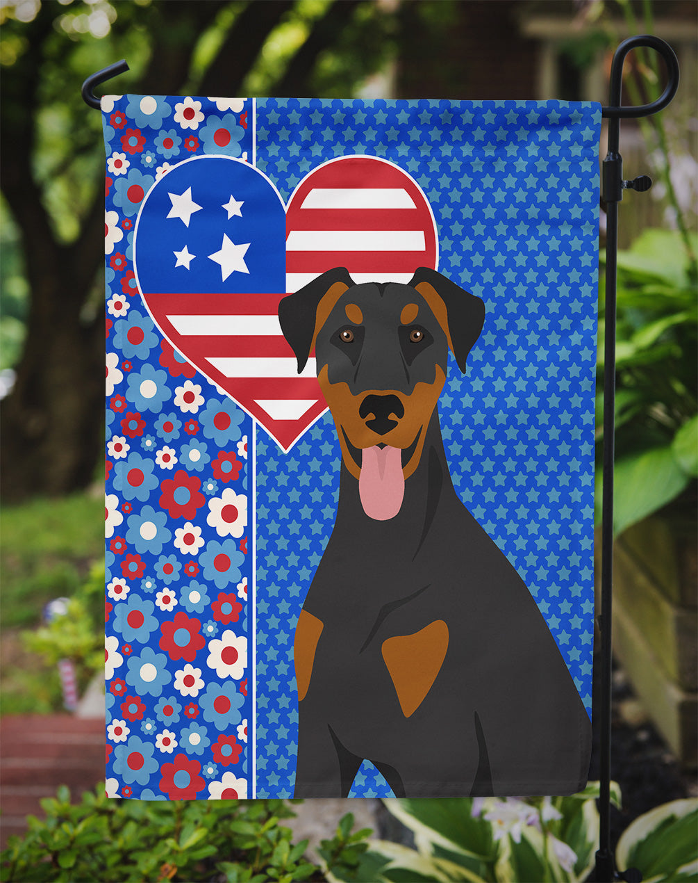 Natural Ear Black and Tan Doberman Pinscher USA American Flag Garden Size  the-store.com.