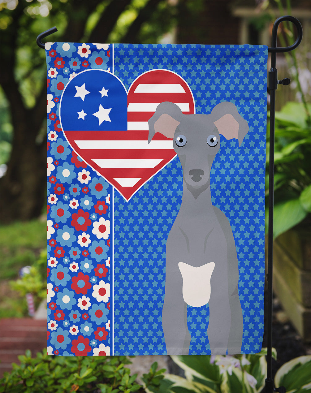 Gray Italian Greyhound USA American Flag Garden Size  the-store.com.