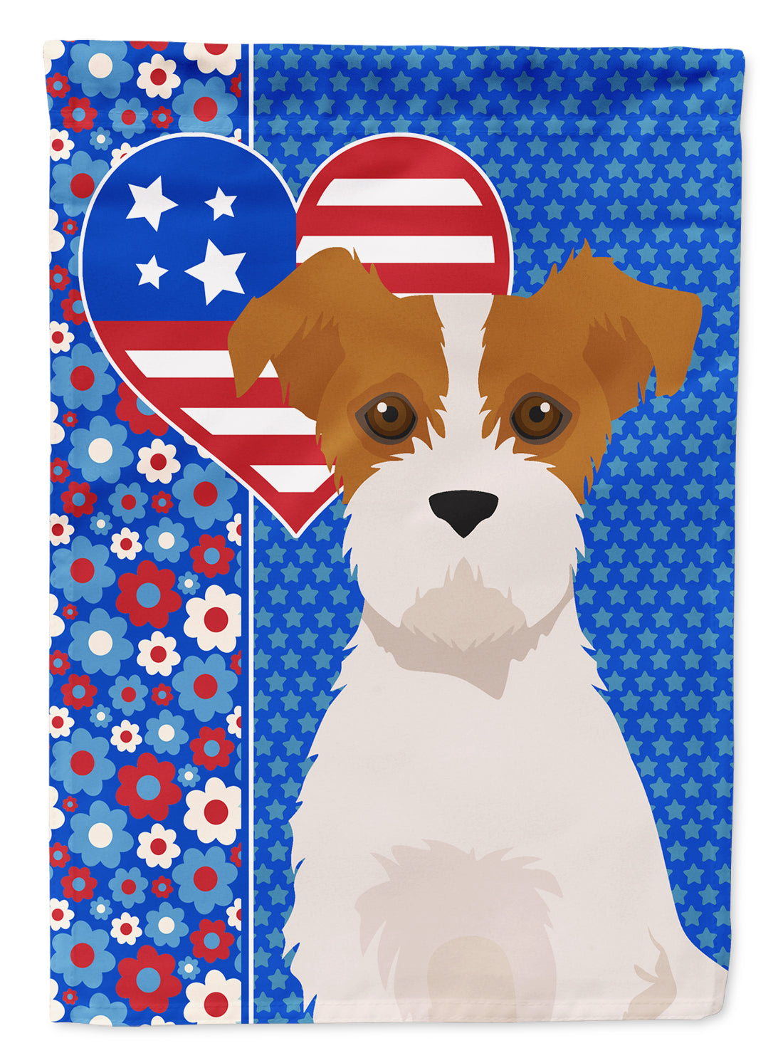 Brown White Wirehair Jack Russell Terrier USA American Flag Garden Size  the-store.com.