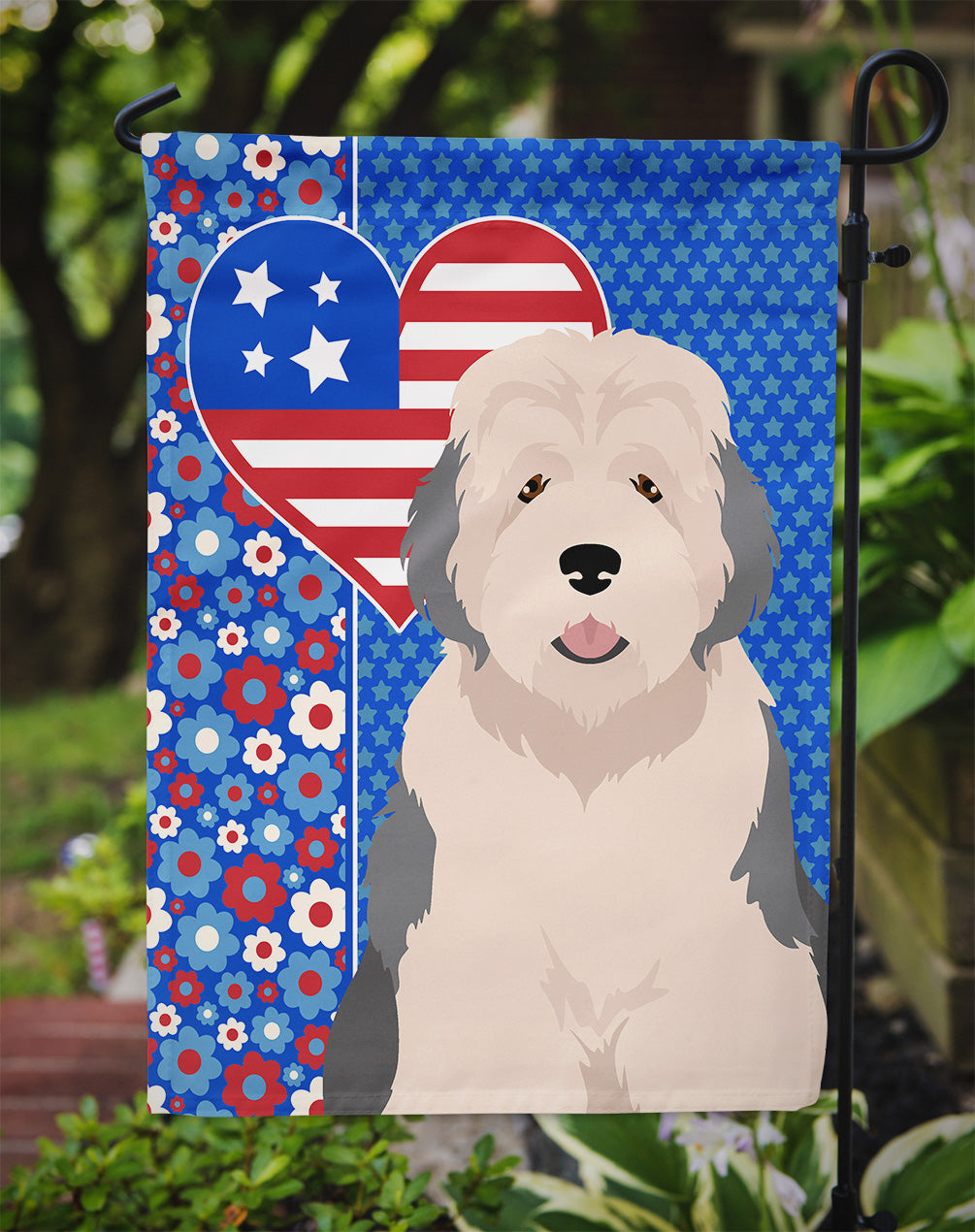 Old English Sheepdog USA American Flag Garden Size  the-store.com.