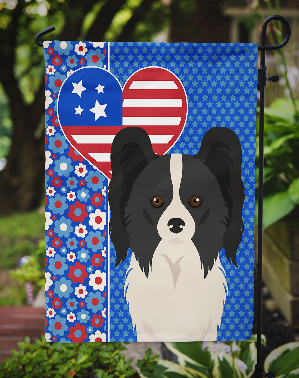 Black and White Papillon USA American Flag Garden Size  the-store.com.