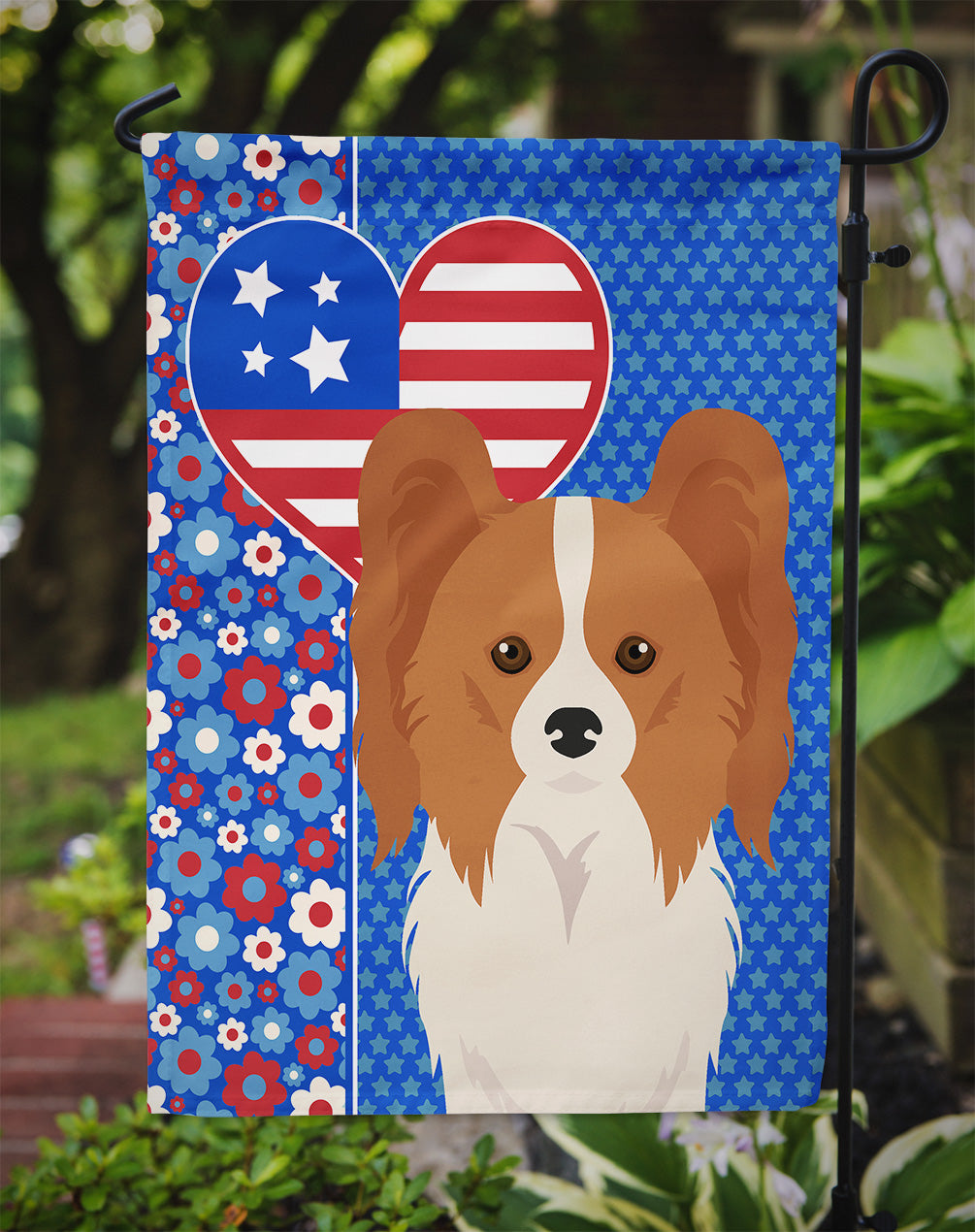Red and White Papillon USA American Flag Garden Size  the-store.com.
