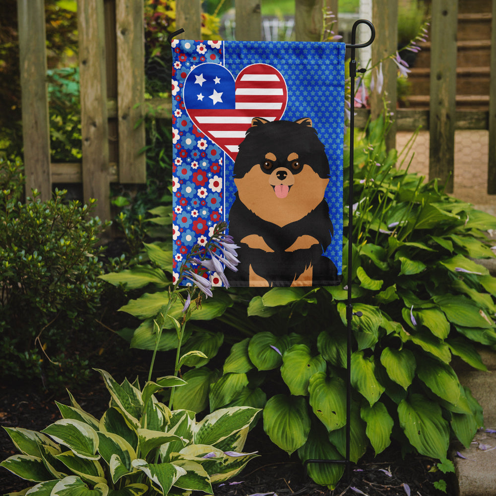 Black and Tan Pomeranian USA American Flag Garden Size  the-store.com.