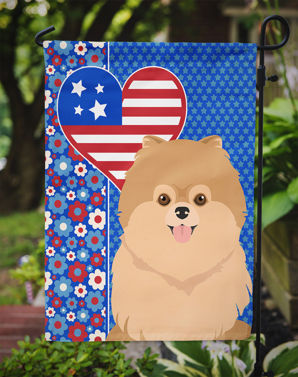 Orange Pomeranian USA American Flag Garden Size  the-store.com.