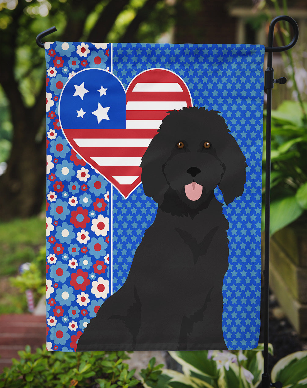 Standard Black Poodle USA American Flag Garden Size  the-store.com.