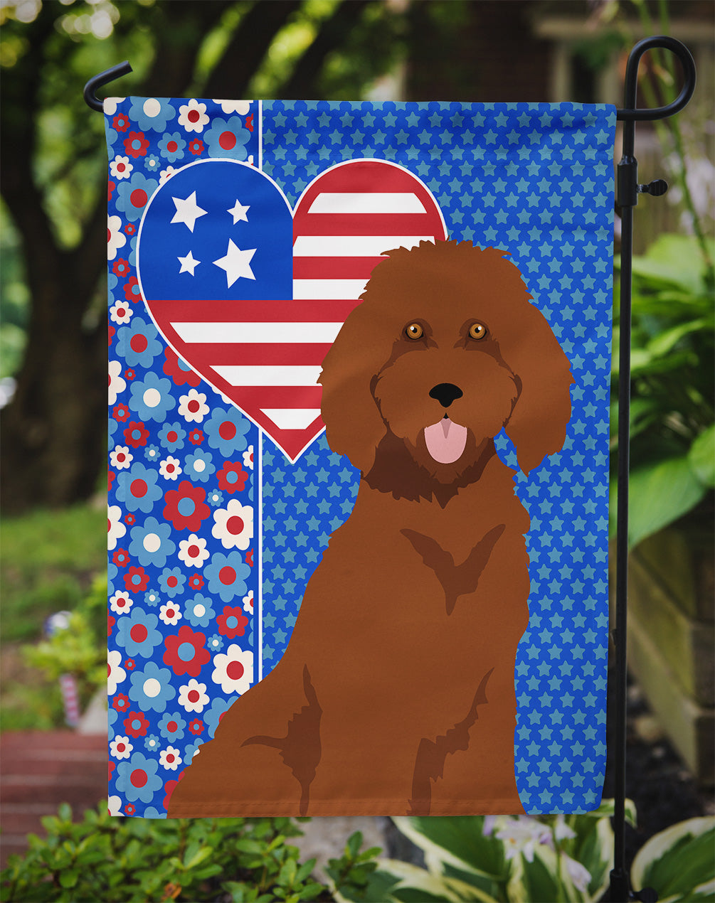 Standard Red Poodle USA American Flag Garden Size  the-store.com.