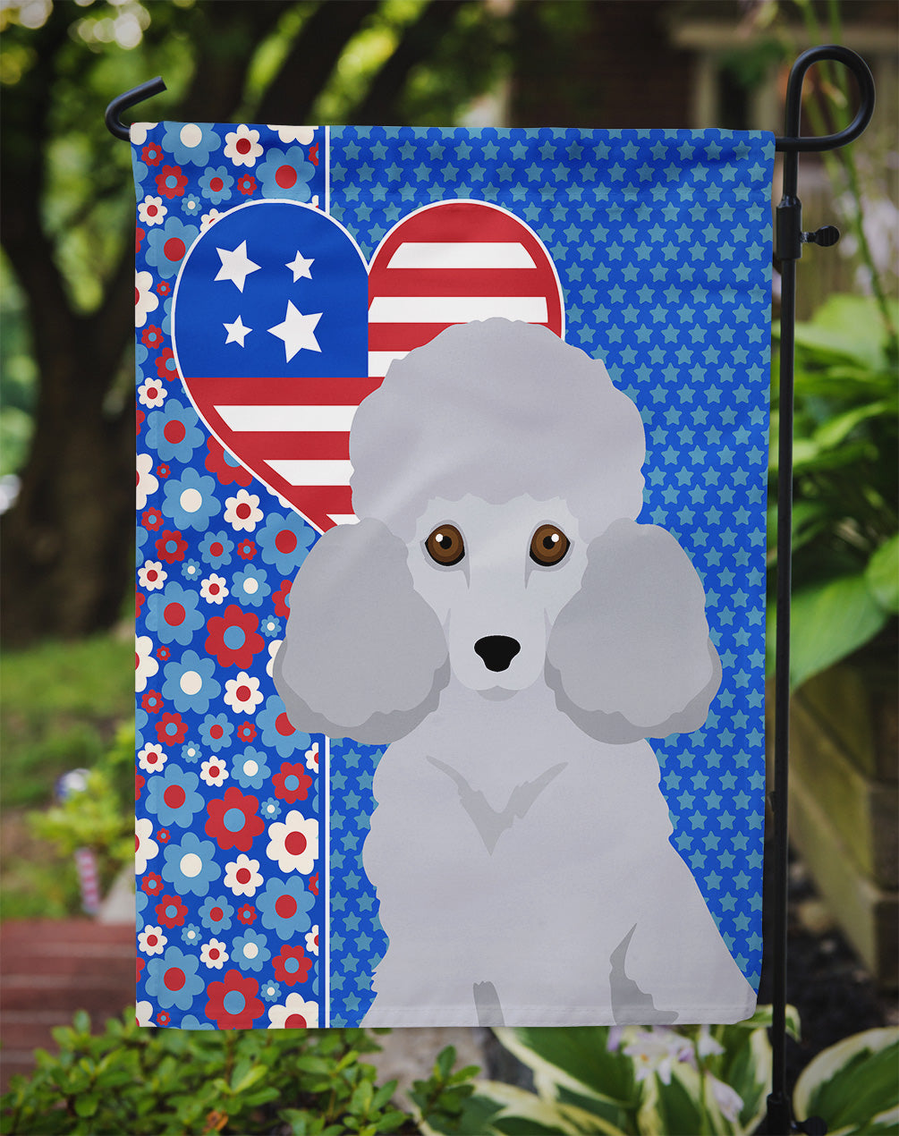 Toy Silver Poodle USA American Flag Garden Size  the-store.com.