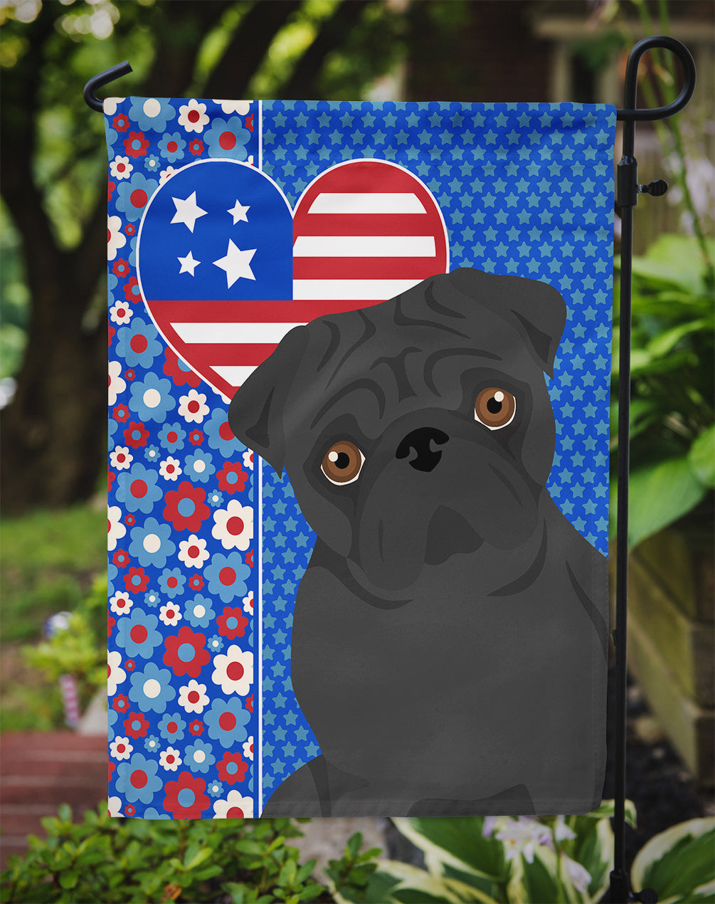 Black Pug USA American Flag Garden Size  the-store.com.